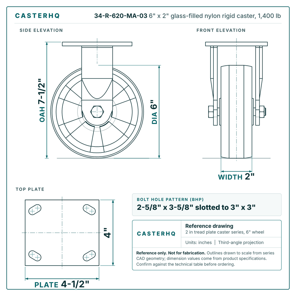 6" x 2" glass-filled nylon rigid caster reference drawing, side, front and top plate views with dimensions