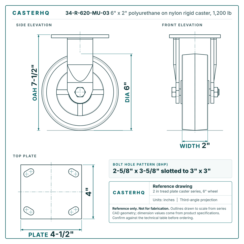 6" x 2" polyurethane on nylon rigid caster reference drawing, side, front and top plate views with dimensions