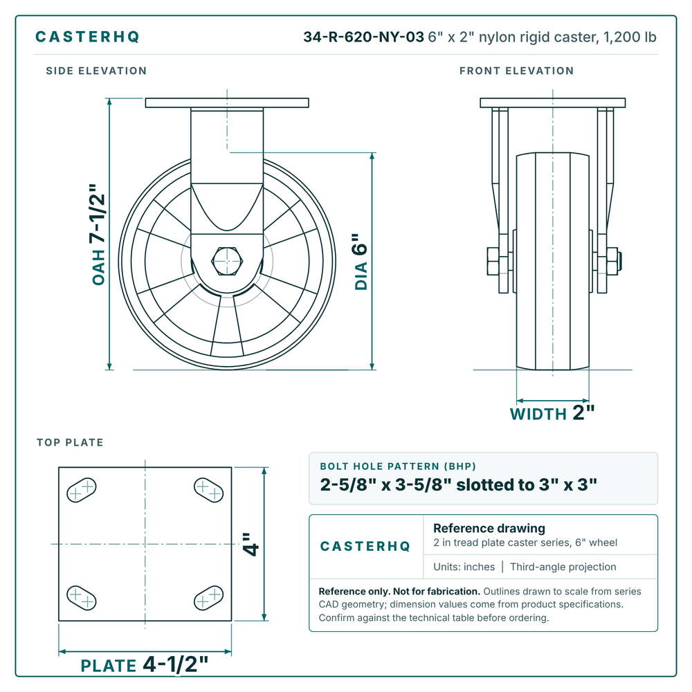 6" x 2" nylon rigid caster reference drawing, side, front and top plate views with dimensions