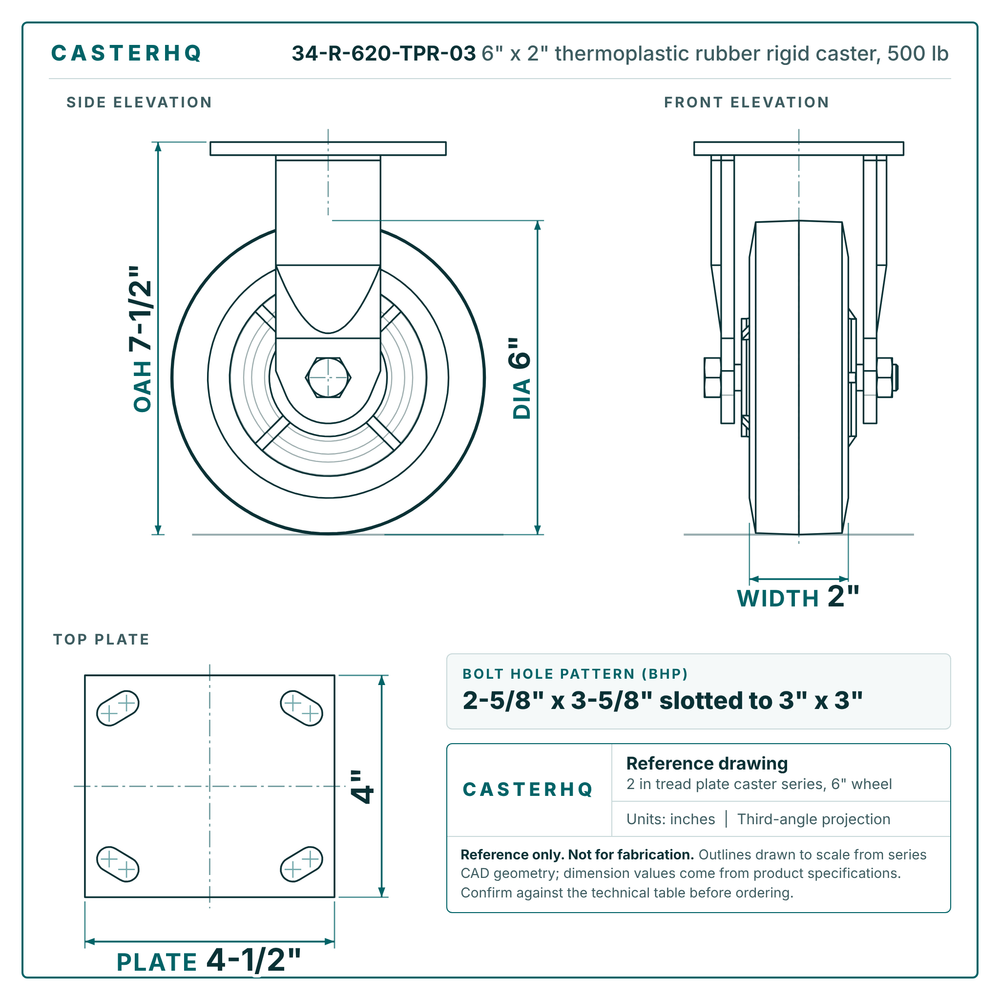 6" x 2" thermoplastic rubber rigid caster reference drawing, side, front and top plate views with dimensions