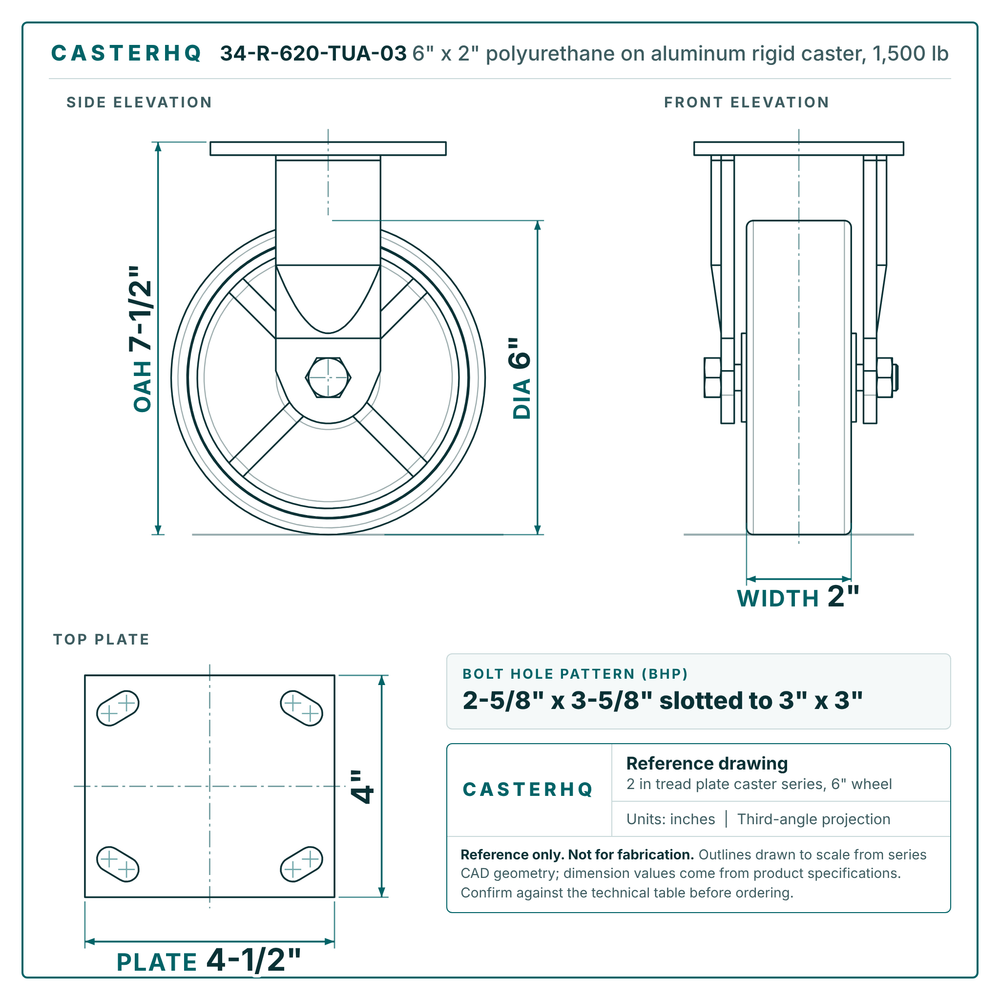 6" x 2" polyurethane on aluminum rigid caster reference drawing, side, front and top plate views with dimensions