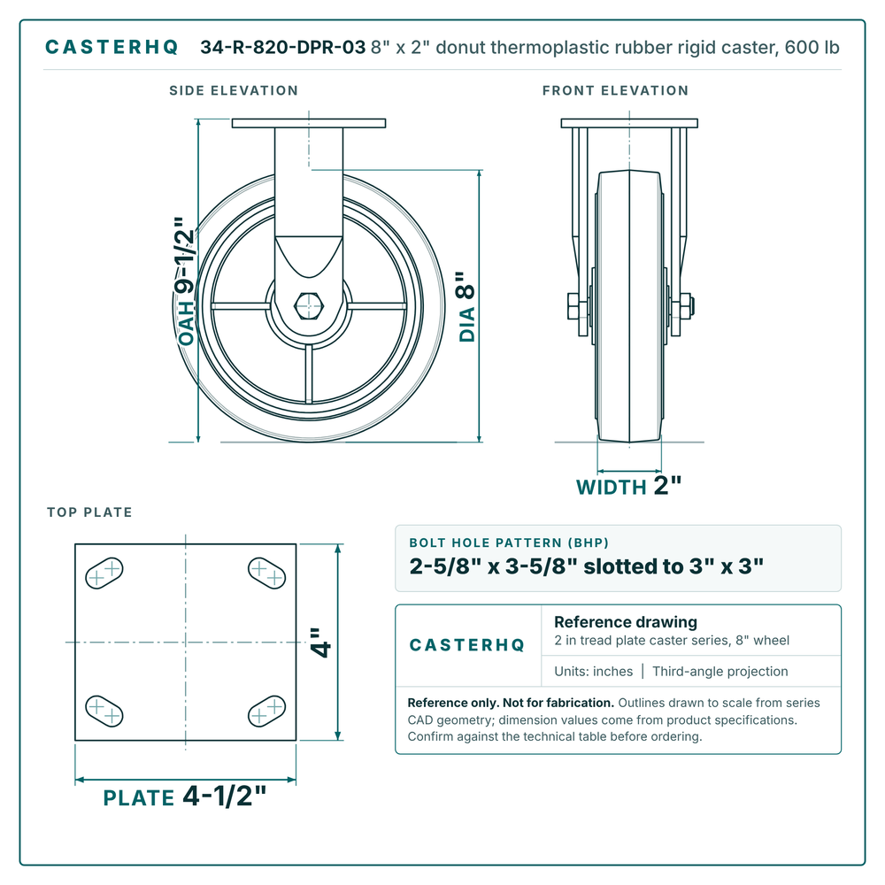 8" x 2" donut thermoplastic rubber rigid caster reference drawing, side, front and top plate views with dimensions