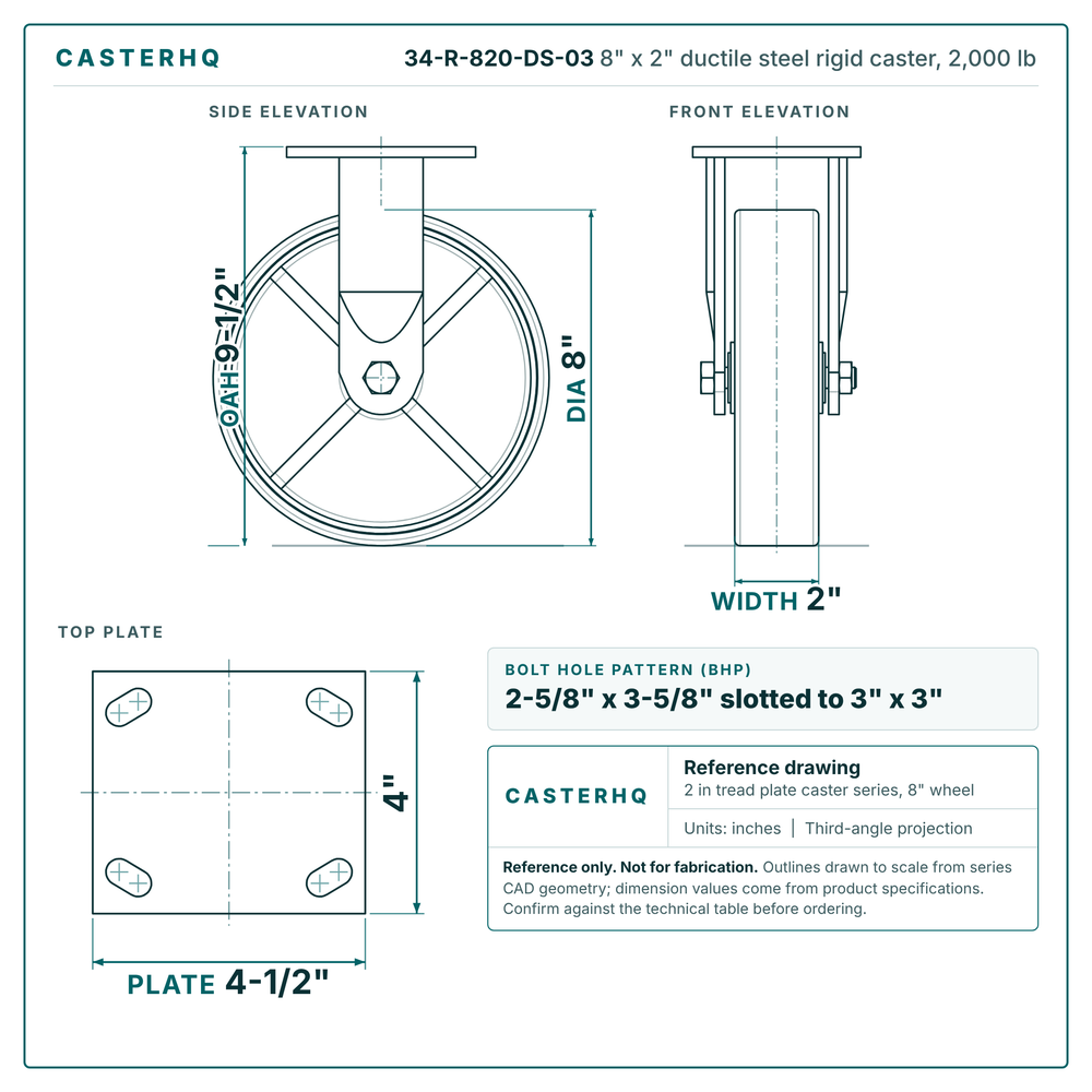 8" x 2" ductile steel rigid caster reference drawing, side, front and top plate views with dimensions