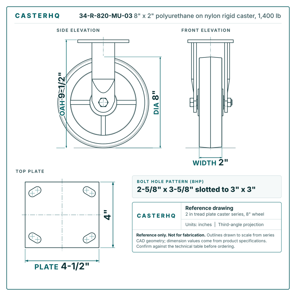 8" x 2" polyurethane on nylon rigid caster reference drawing, side, front and top plate views with dimensions