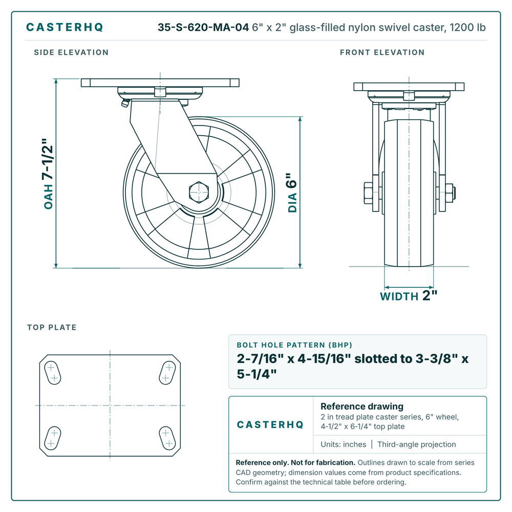 6" x 2" glass-filled nylon swivel caster reference drawing, side, front and top plate views with dimensions
