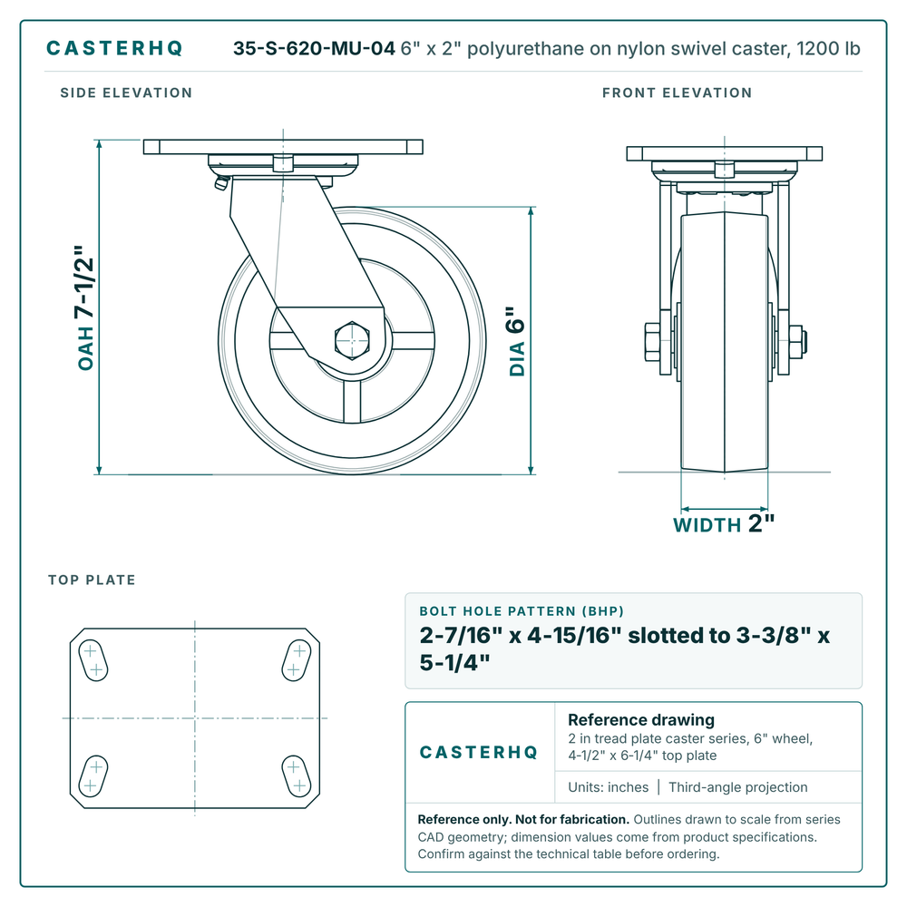 6" x 2" polyurethane on nylon swivel caster reference drawing, side, front and top plate views with dimensions