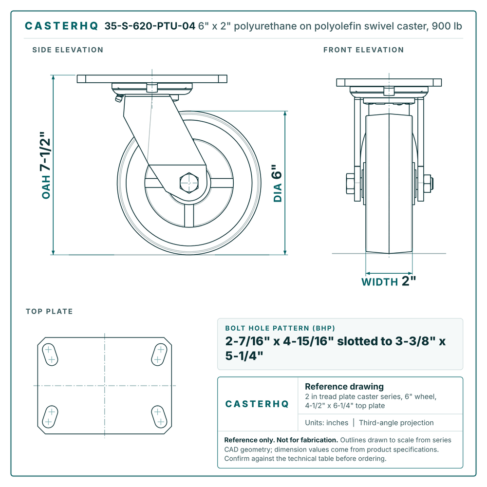6" x 2" polyurethane on polyolefin swivel caster reference drawing, side, front and top plate views with dimensions