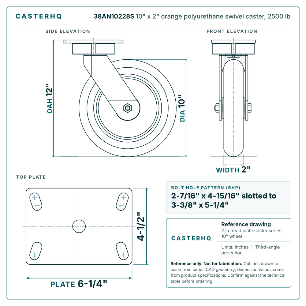 38AN10228S 10 x 2 in orange polyurethane swivel caster reference drawing, side, front and top plate views with dimensions