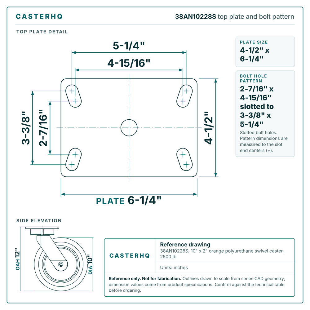 38AN10228S top plate bolt pattern drawing, 4-1/2 x 6-1/4 in plate, slotted bolt holes