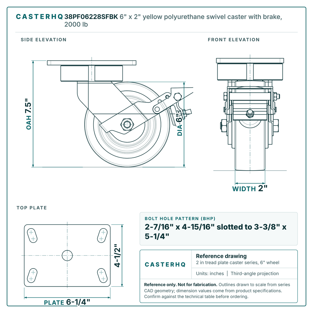 38PF06228SFBK 6 x 2 in yellow polyurethane swivel caster reference drawing, side, front and top plate views with dimensions