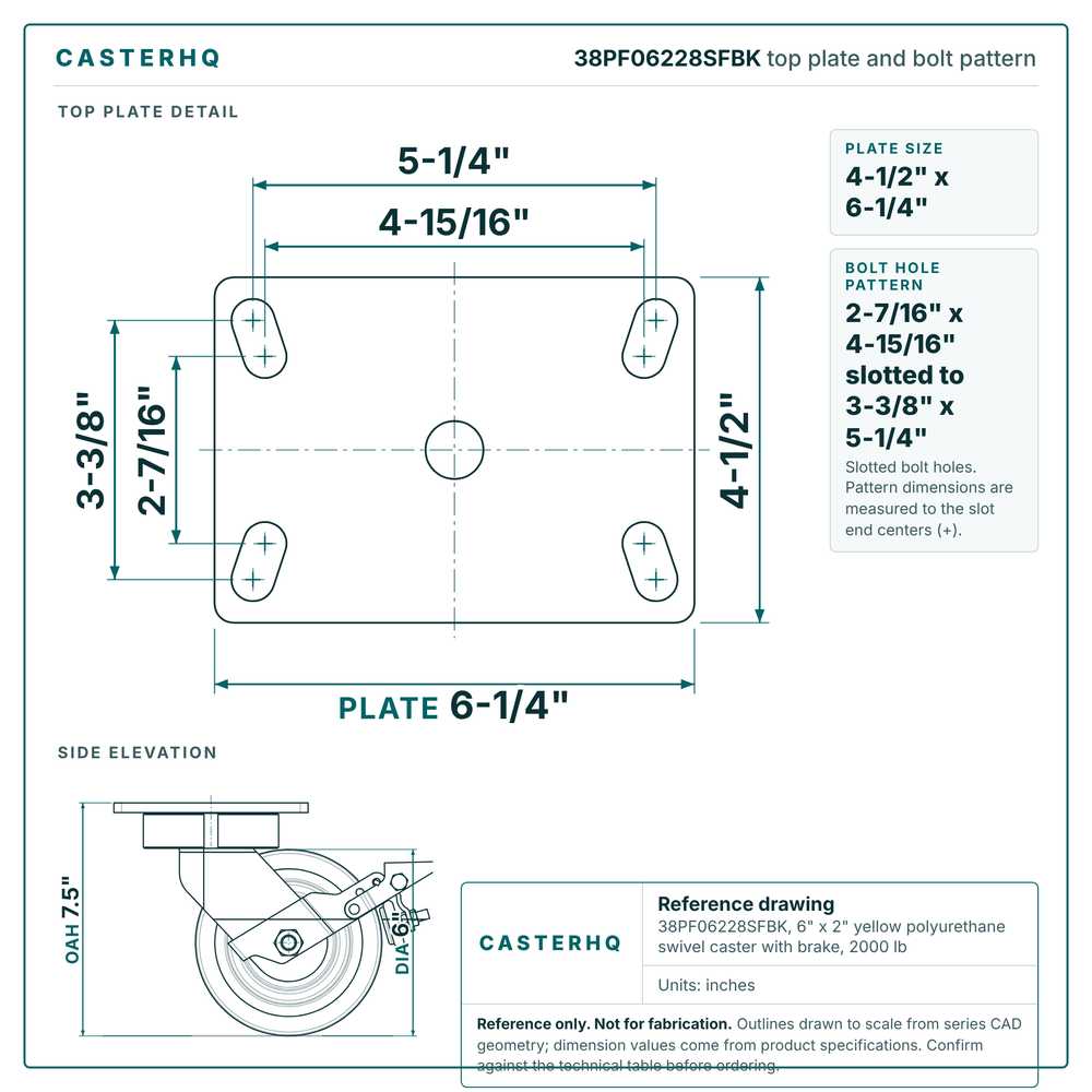 38PF06228SFBK top plate bolt pattern drawing, 4-1/2 x 6-1/4 in plate, slotted bolt holes