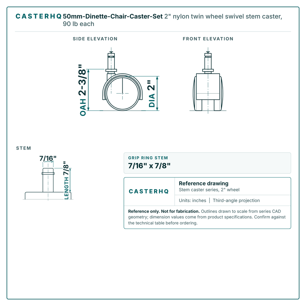 2" nylon twin wheel swivel stem caster reference drawing, side, front and top plate views with dimensions