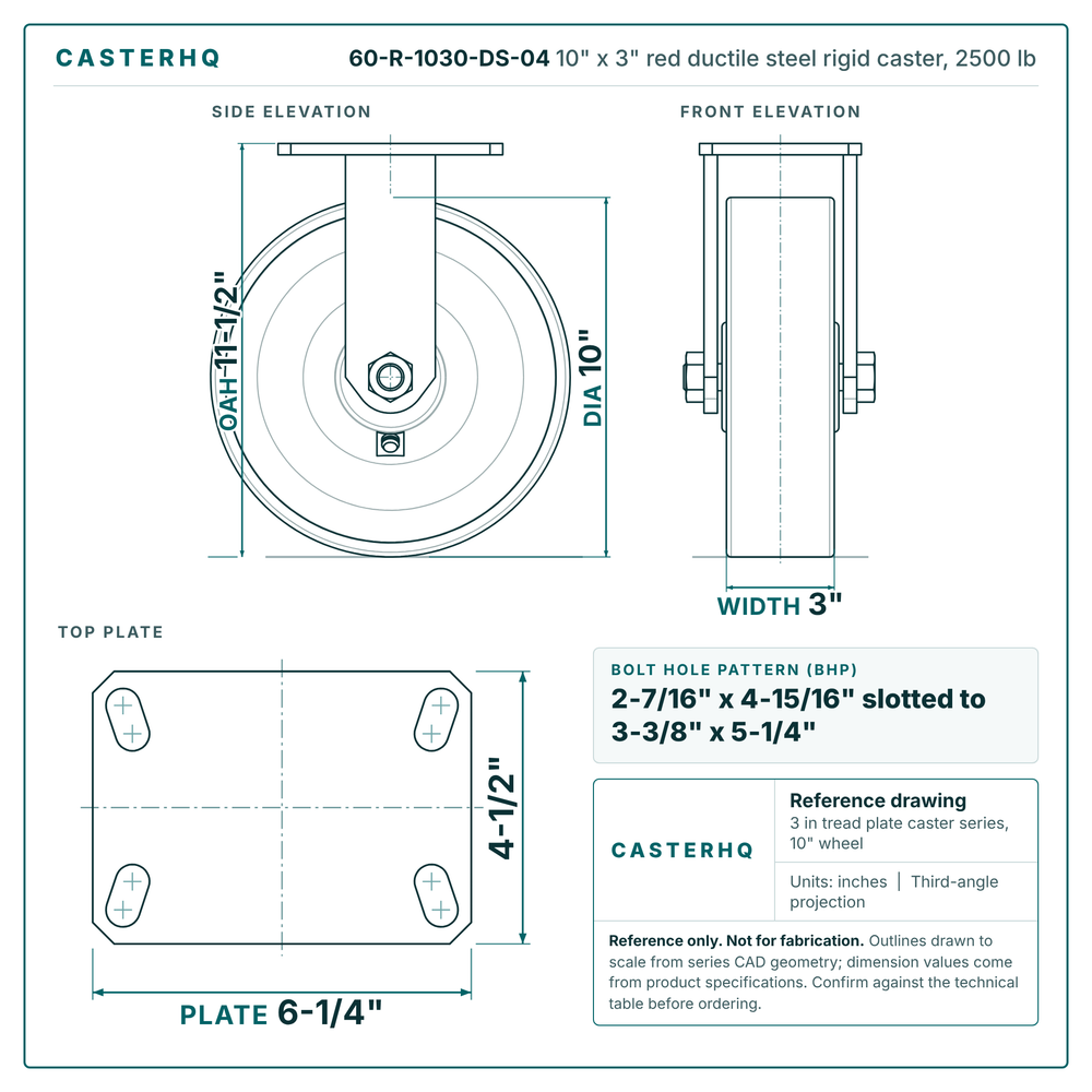 60-R-1030-DS-04 10 x 3 in red ductile steel rigid caster reference drawing, side, front and top plate views with dimensions