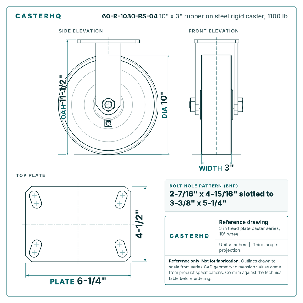60-R-1030-RS-04 10 x 3 in rubber on steel rigid caster reference drawing, side, front and top plate views with dimensions