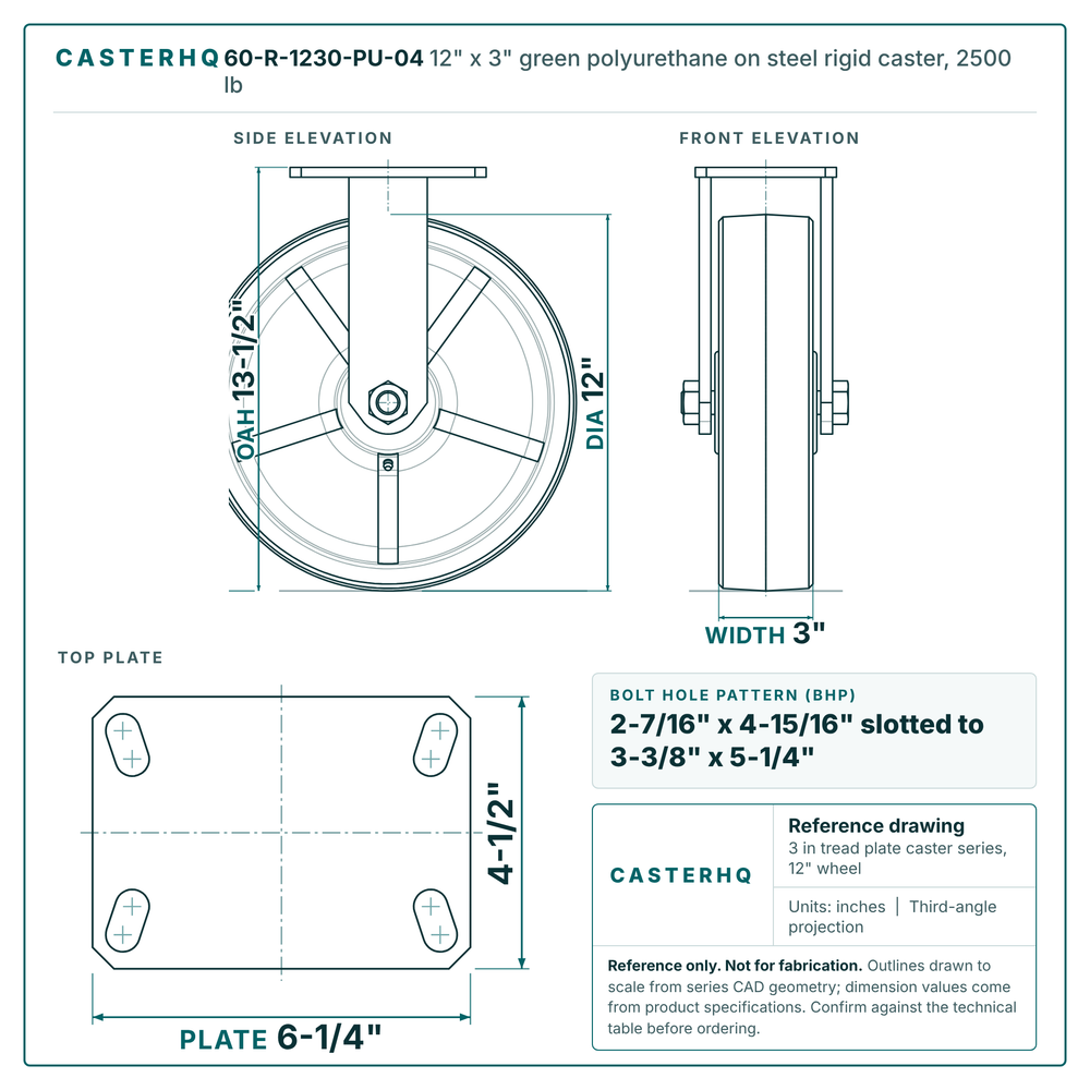 60-R-1230-PU-04 12 x 3 in green polyurethane on steel rigid caster reference drawing, side, front and top plate views with dimensions
