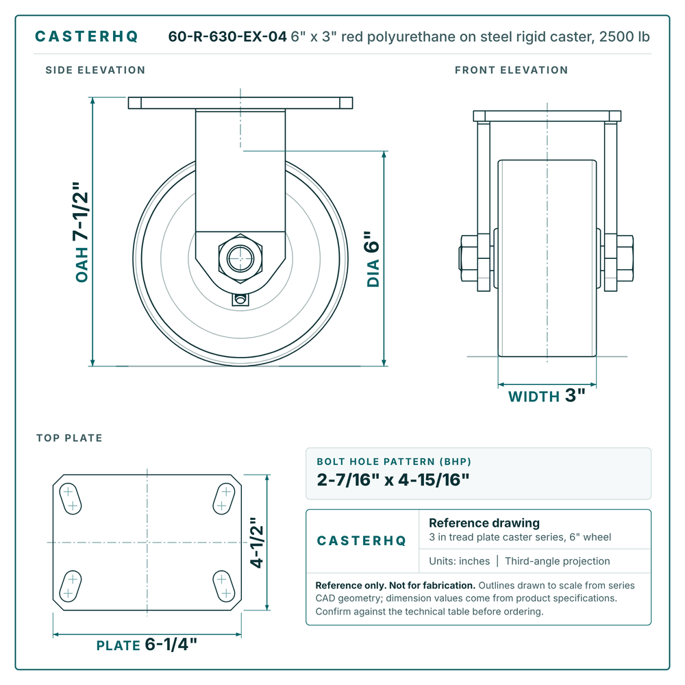 60-R-630-EX-04 6 x 3 in red polyurethane on steel rigid caster reference drawing, side, front and top plate views with dimensions