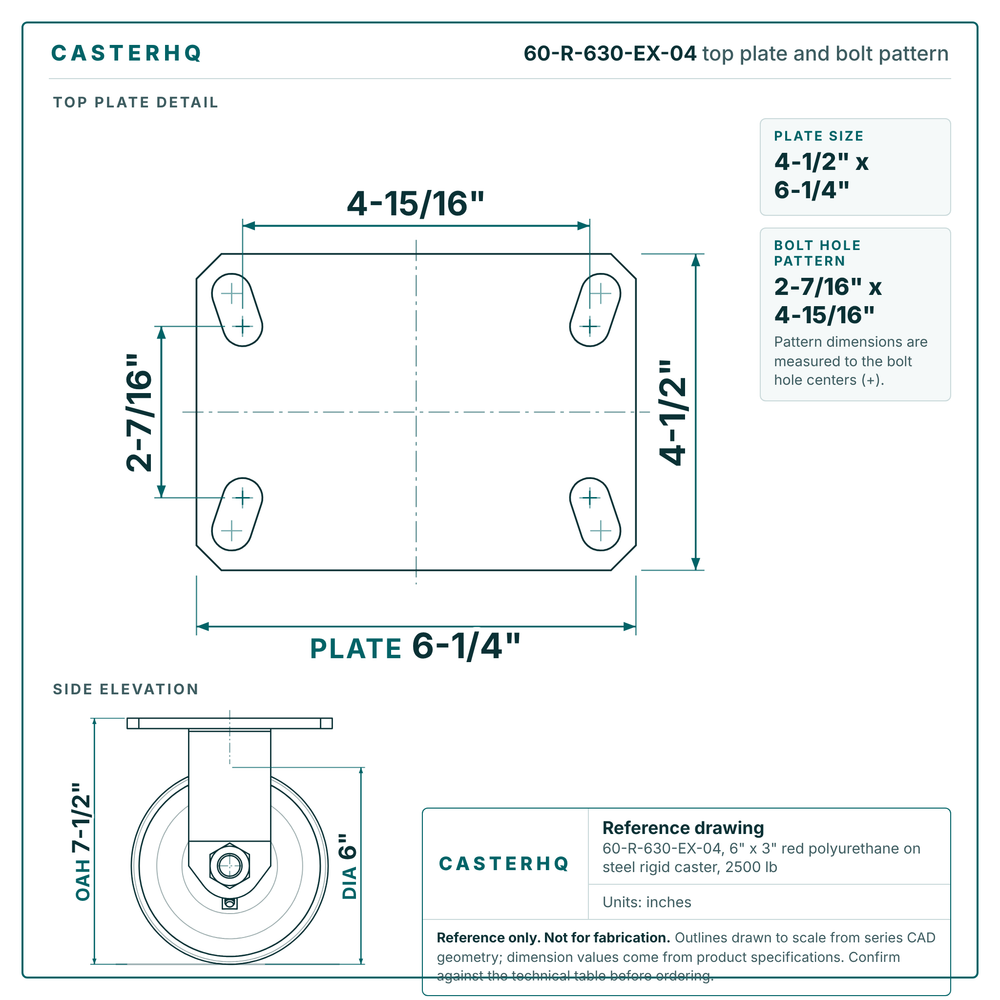 60-R-630-EX-04 top plate bolt pattern drawing, 4-1/2 x 6-1/4 in plate, round bolt holes