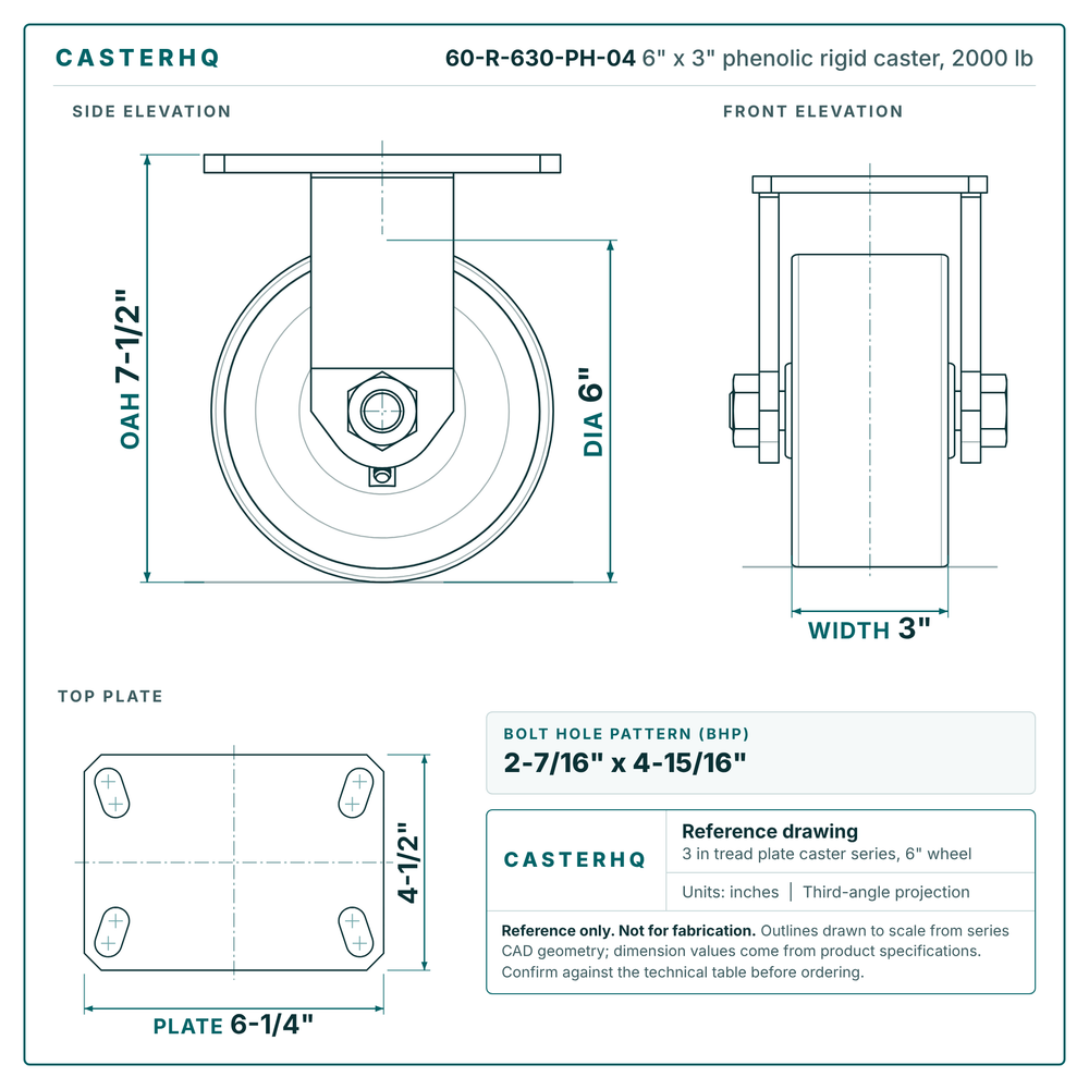 60-R-630-PH-04 6 x 3 in phenolic rigid caster reference drawing, side, front and top plate views with dimensions