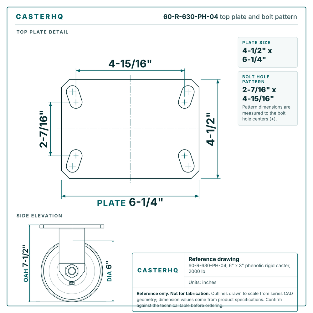 60-R-630-PH-04 top plate bolt pattern drawing, 4-1/2 x 6-1/4 in plate, round bolt holes