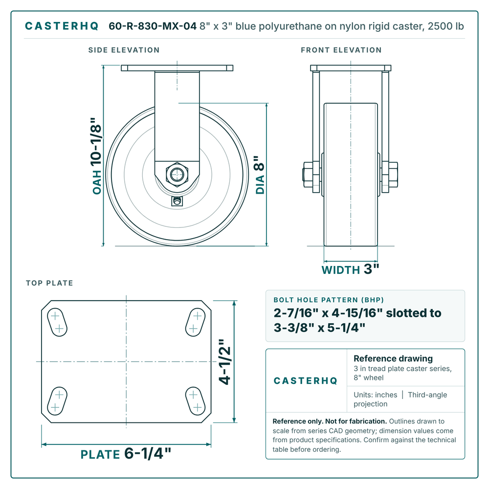 60-R-830-MX-04 8 x 3 in blue polyurethane on nylon rigid caster reference drawing, side, front and top plate views with dimensions