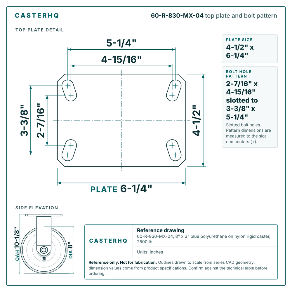 60-R-830-MX-04 top plate bolt pattern drawing, 4-1/2 x 6-1/4 in plate, slotted bolt holes
