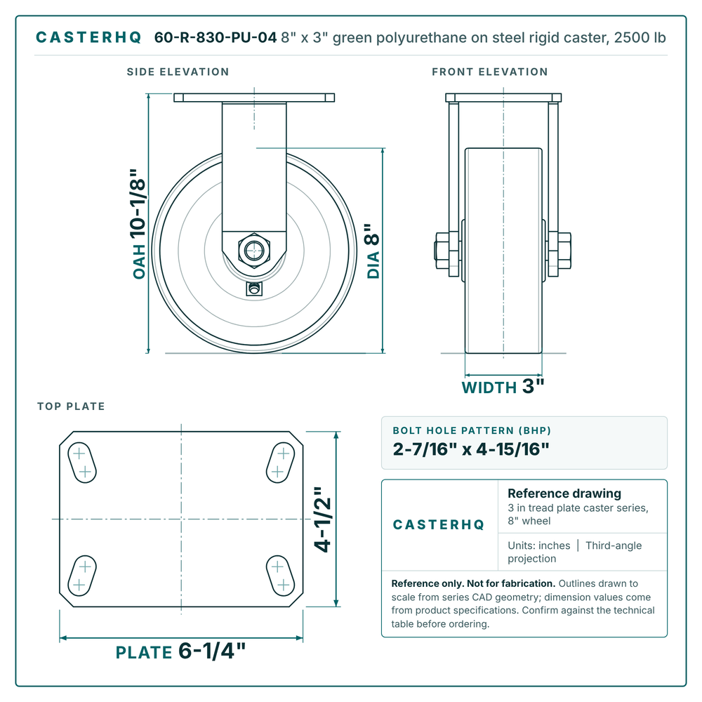 60-R-830-PU-04 8 x 3 in green polyurethane on steel rigid caster reference drawing, side, front and top plate views with dimensions