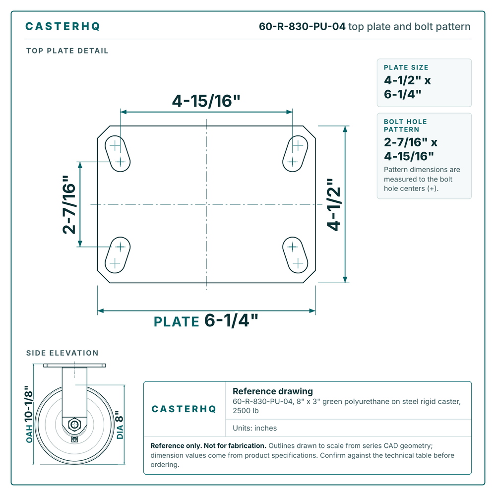 60-R-830-PU-04 top plate bolt pattern drawing, 4-1/2 x 6-1/4 in plate, round bolt holes