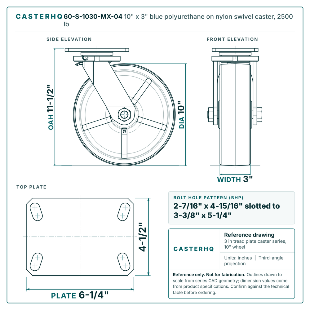 60-S-1030-MX-04 10 x 3 in blue polyurethane on nylon swivel caster reference drawing, side, front and top plate views with dimensions