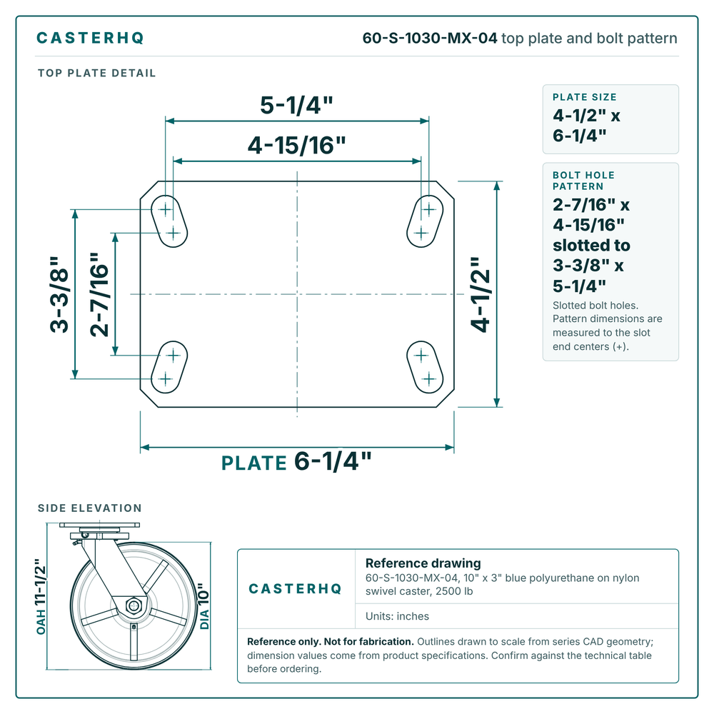 60-S-1030-MX-04 top plate bolt pattern drawing, 4-1/2 x 6-1/4 in plate, slotted bolt holes