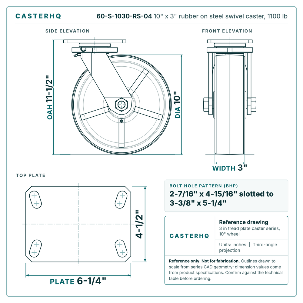 60-S-1030-RS-04 10 x 3 in rubber on steel swivel caster reference drawing, side, front and top plate views with dimensions