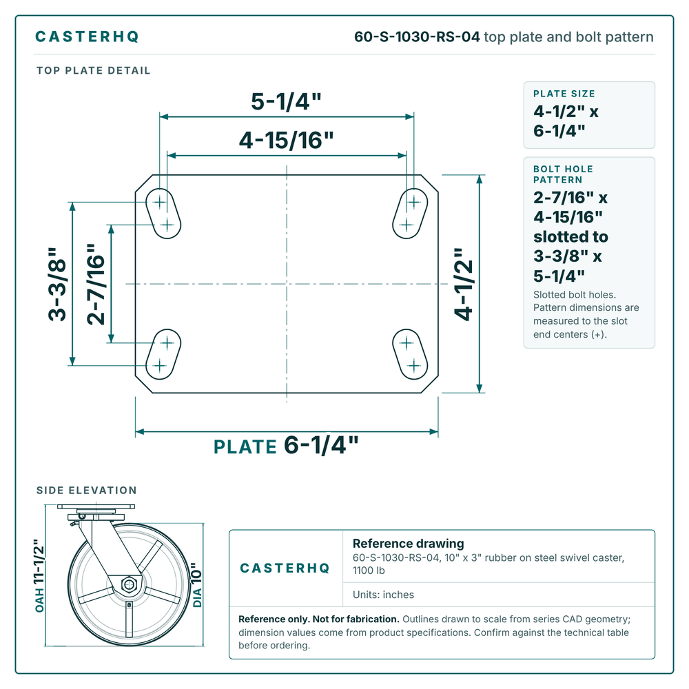 60-S-1030-RS-04 top plate bolt pattern drawing, 4-1/2 x 6-1/4 in plate, slotted bolt holes
