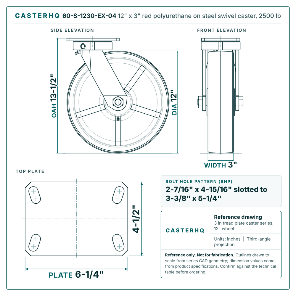 60-S-1230-EX-04 12 x 3 in red polyurethane on steel swivel caster reference drawing, side, front and top plate views with dimensions