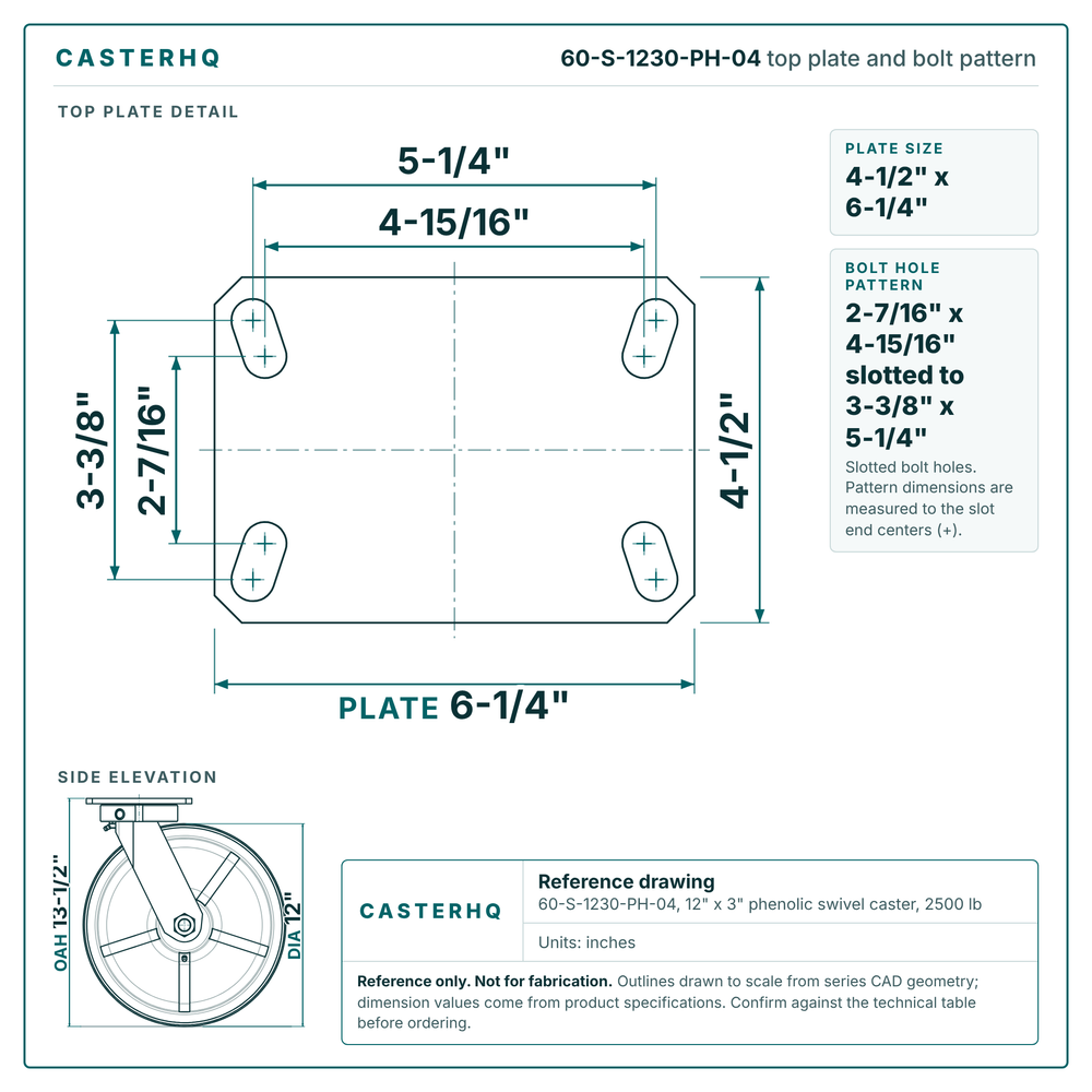 60-S-1230-PH-04 top plate bolt pattern drawing, 4-1/2 x 6-1/4 in plate, slotted bolt holes