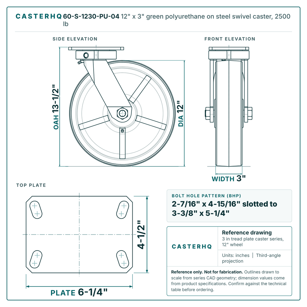 60-S-1230-PU-04 12 x 3 in green polyurethane on steel swivel caster reference drawing, side, front and top plate views with dimensions