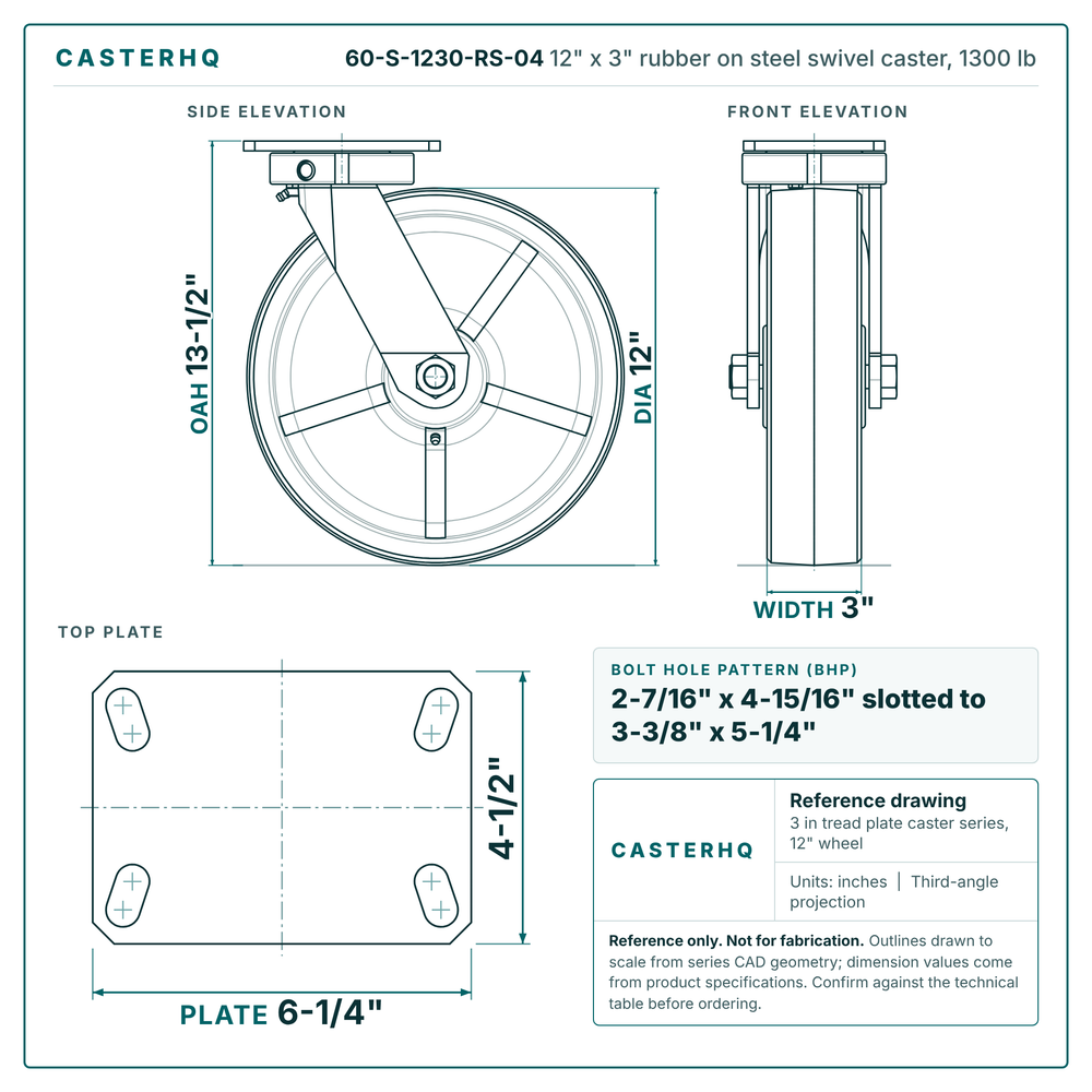 60-S-1230-RS-04 12 x 3 in rubber on steel swivel caster reference drawing, side, front and top plate views with dimensions
