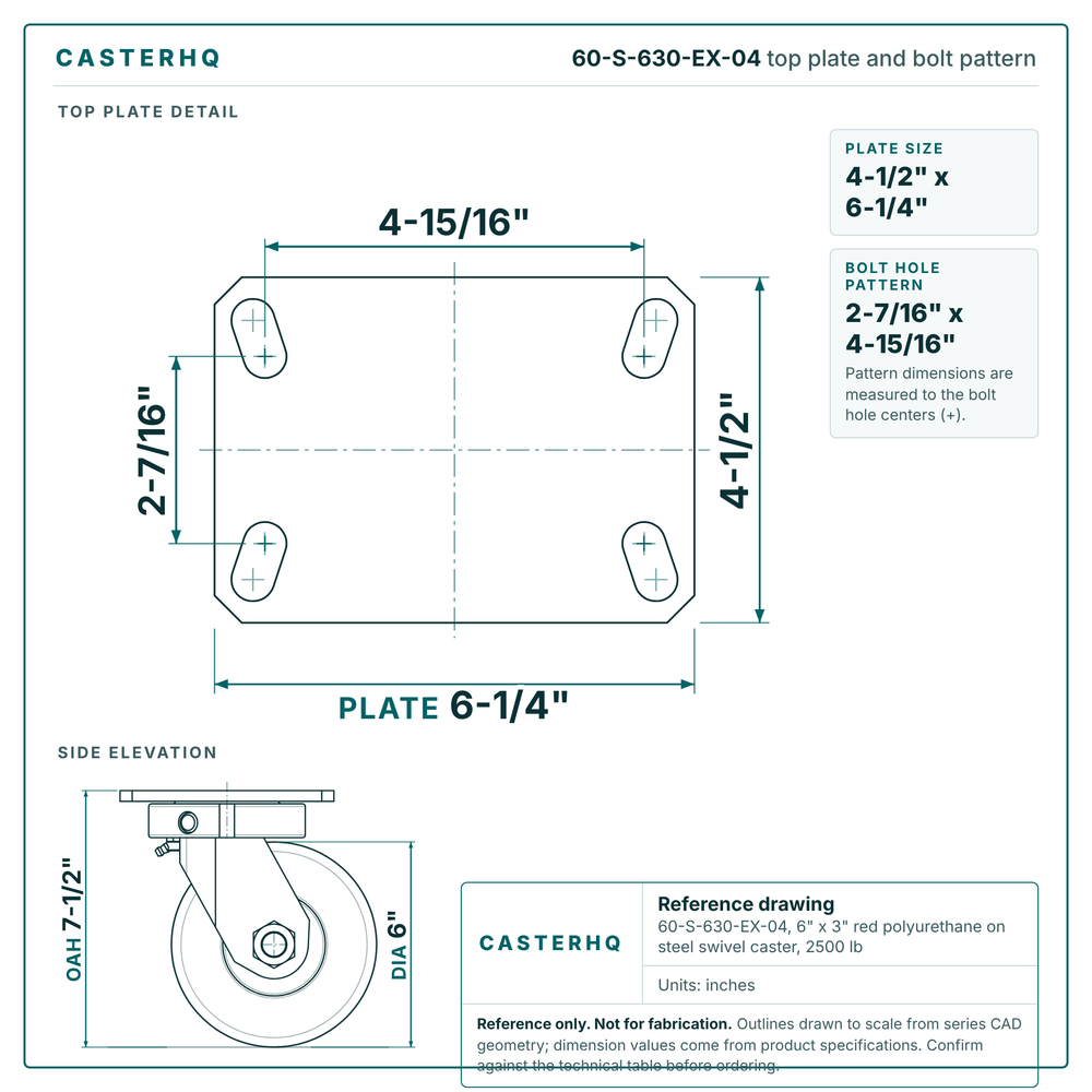 60-S-630-EX-04 top plate bolt pattern drawing, 4-1/2 x 6-1/4 in plate, round bolt holes