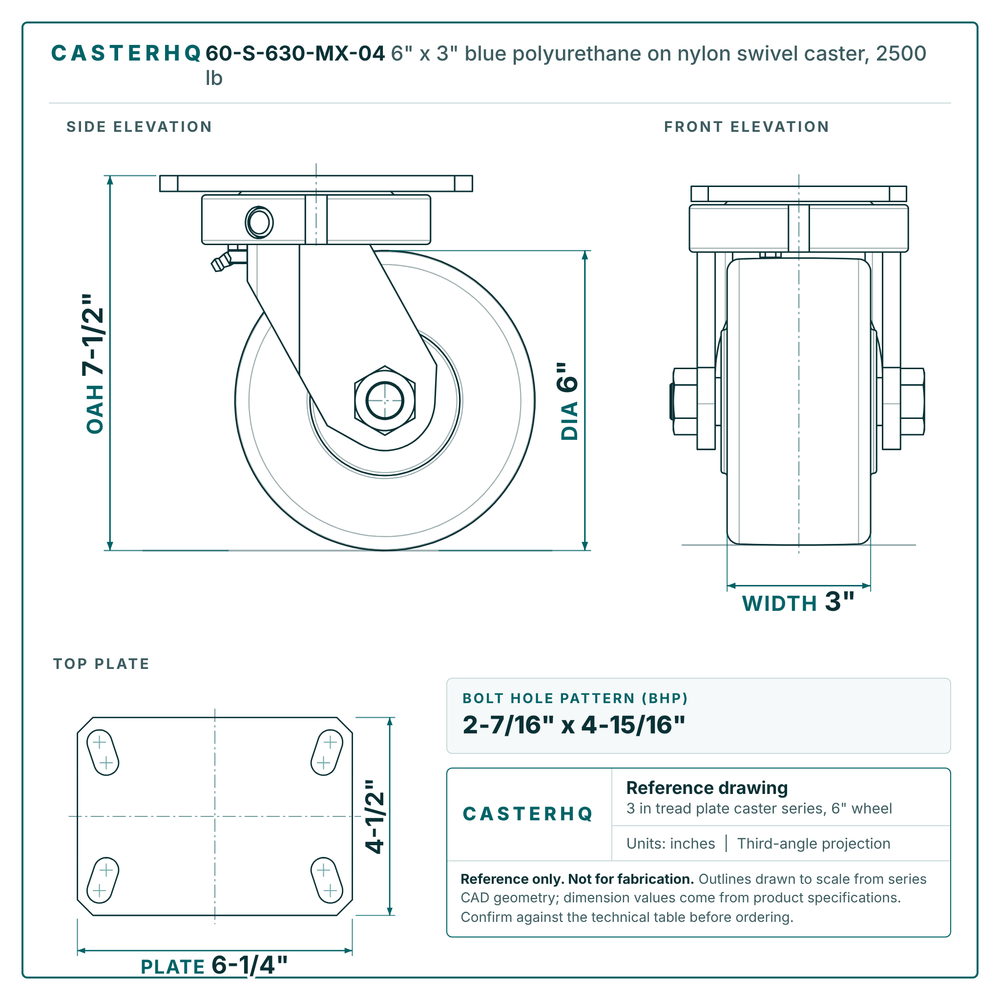60-S-630-MX-04 6 x 3 in blue polyurethane on nylon swivel caster reference drawing, side, front and top plate views with dimensions