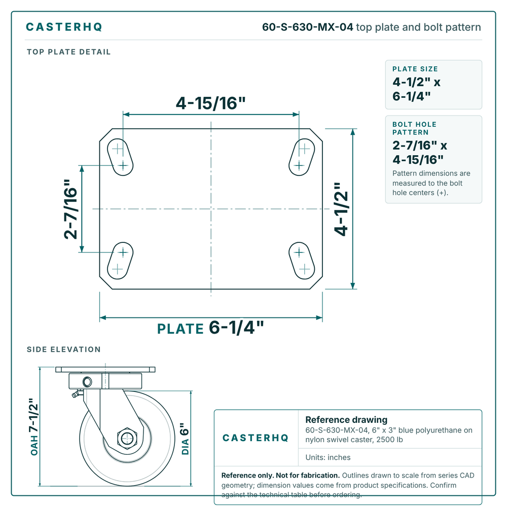 60-S-630-MX-04 top plate bolt pattern drawing, 4-1/2 x 6-1/4 in plate, round bolt holes