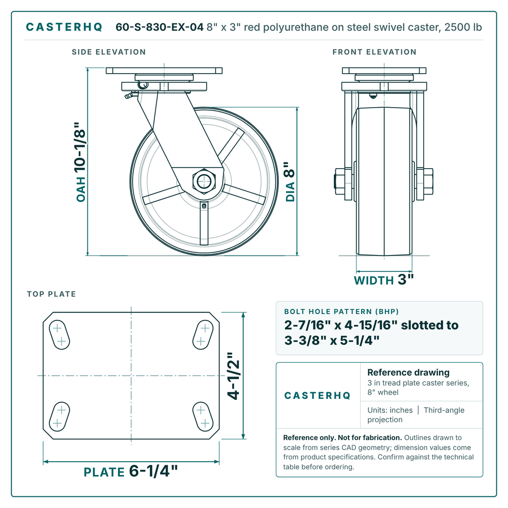 60-S-830-EX-04 8 x 3 in red polyurethane on steel swivel caster reference drawing, side, front and top plate views with dimensions