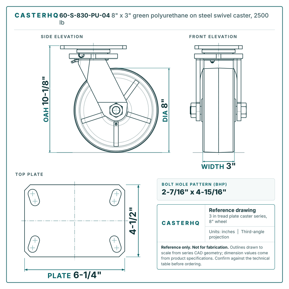 60-S-830-PU-04 8 x 3 in green polyurethane on steel swivel caster reference drawing, side, front and top plate views with dimensions