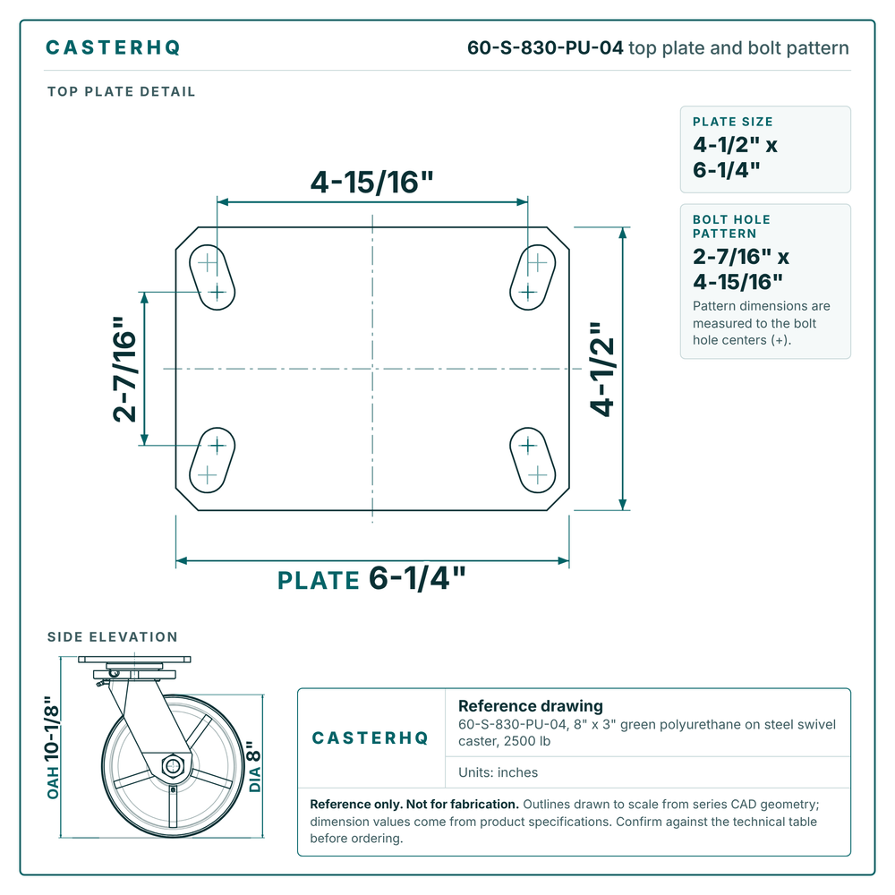 60-S-830-PU-04 top plate bolt pattern drawing, 4-1/2 x 6-1/4 in plate, round bolt holes