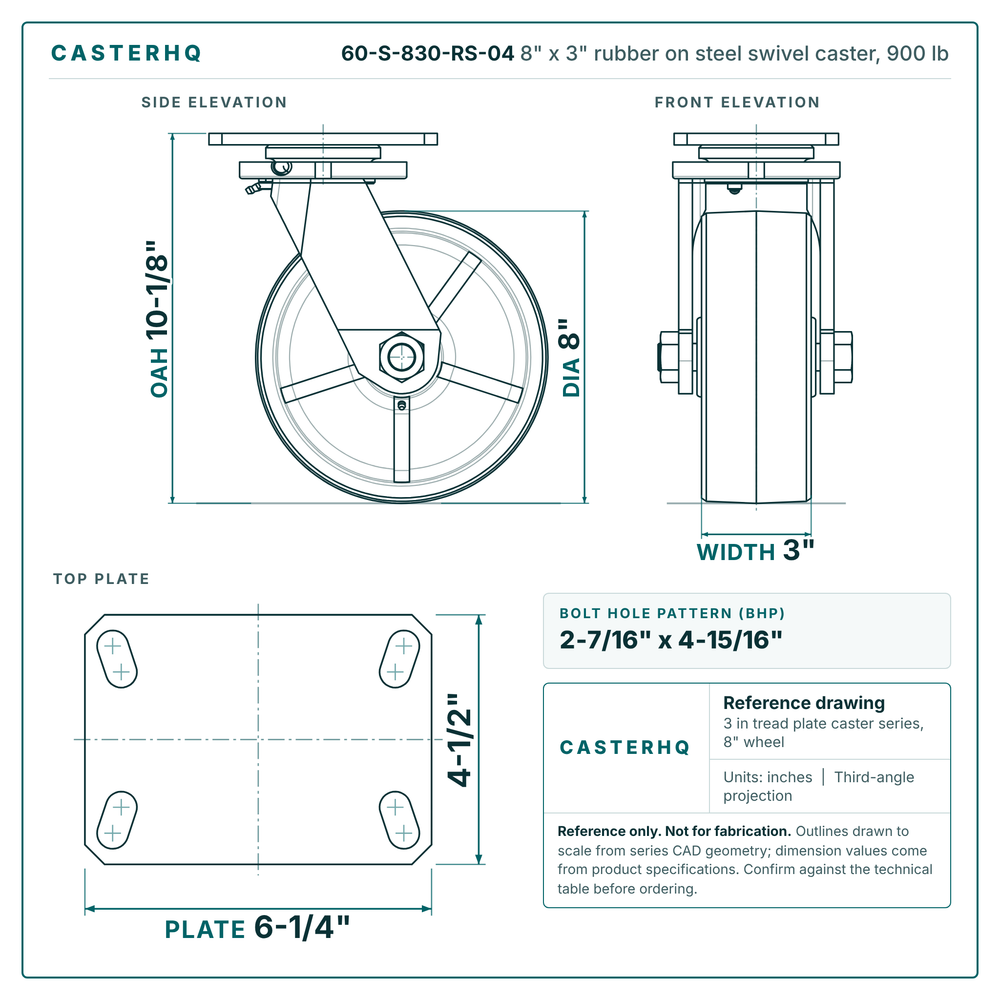 60-S-830-RS-04 8 x 3 in rubber on steel swivel caster reference drawing, side, front and top plate views with dimensions