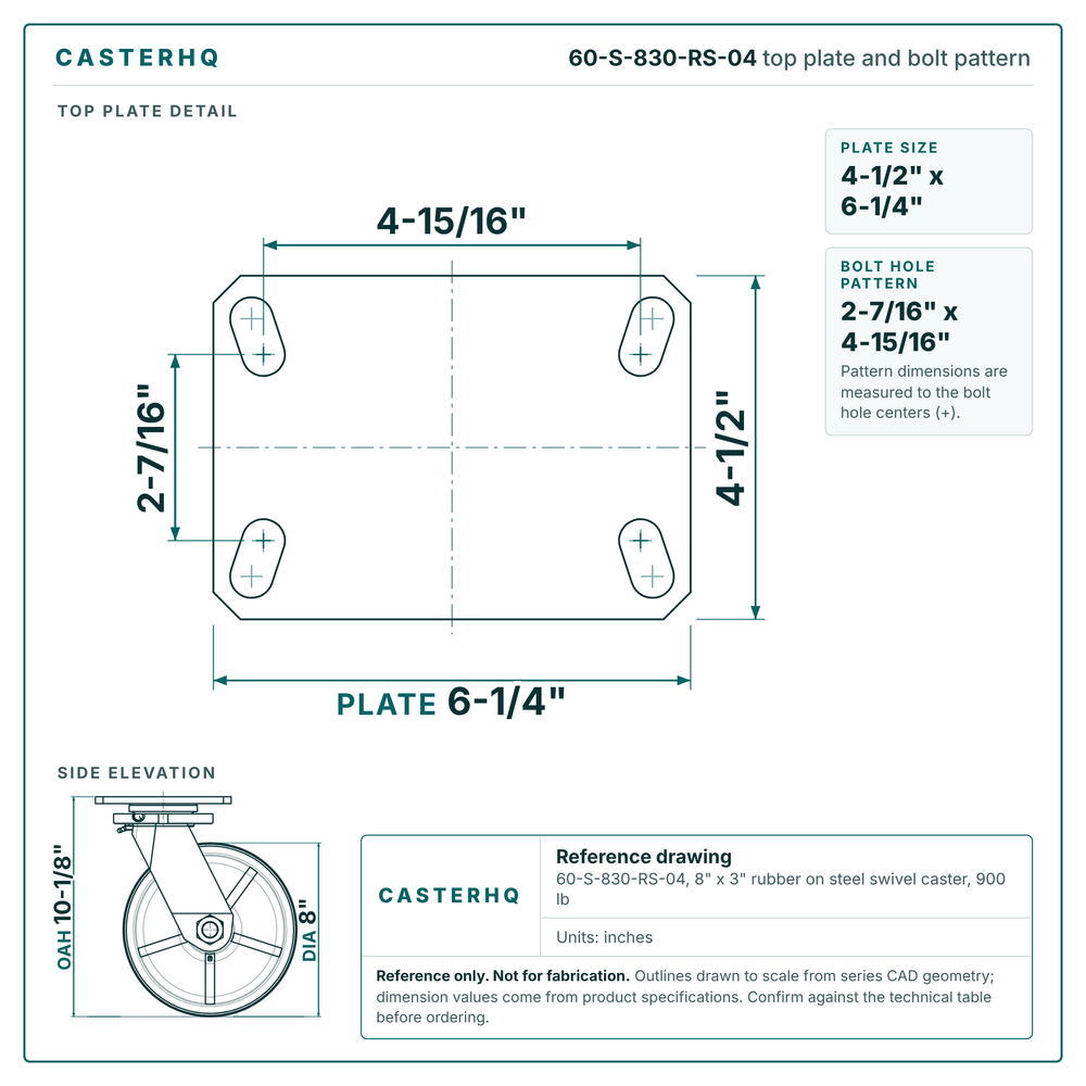 60-S-830-RS-04 top plate bolt pattern drawing, 4-1/2 x 6-1/4 in plate, round bolt holes