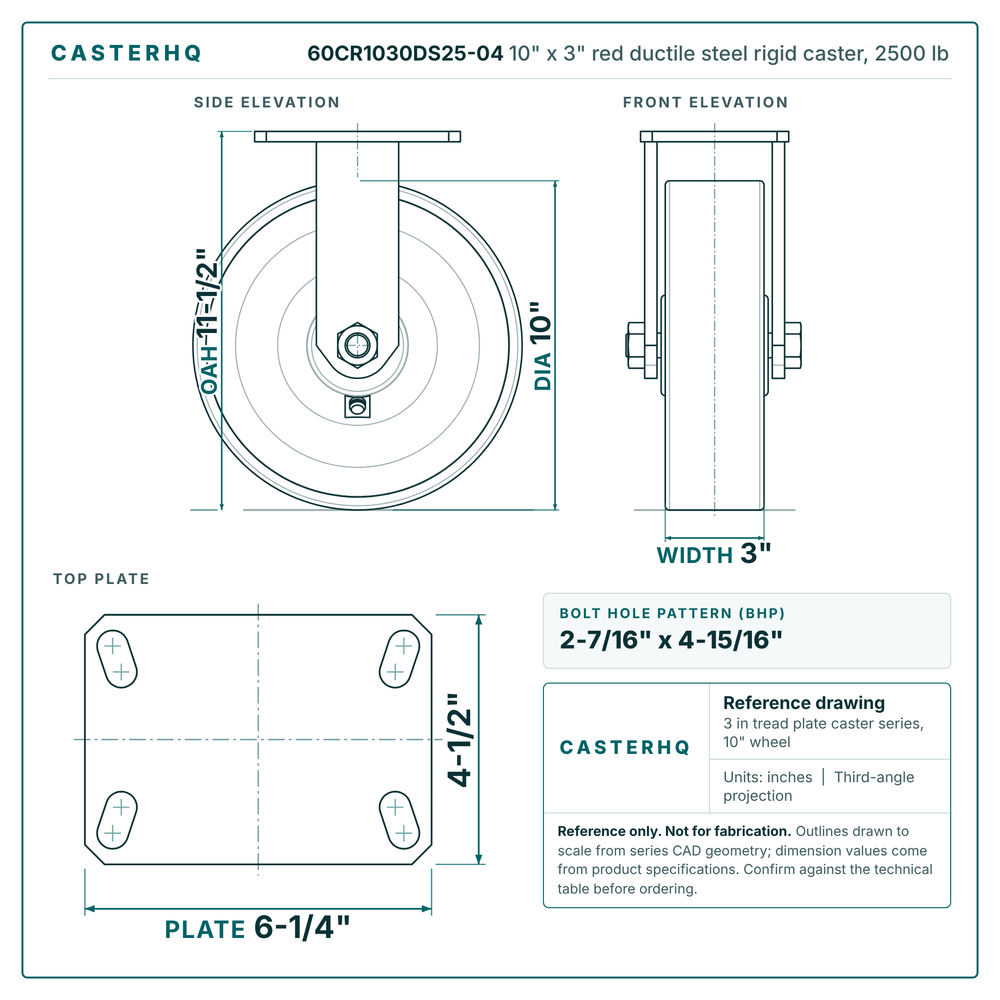 60CR1030DS25-04 10 x 3 in red ductile steel rigid caster reference drawing, side, front and top plate views with dimensions