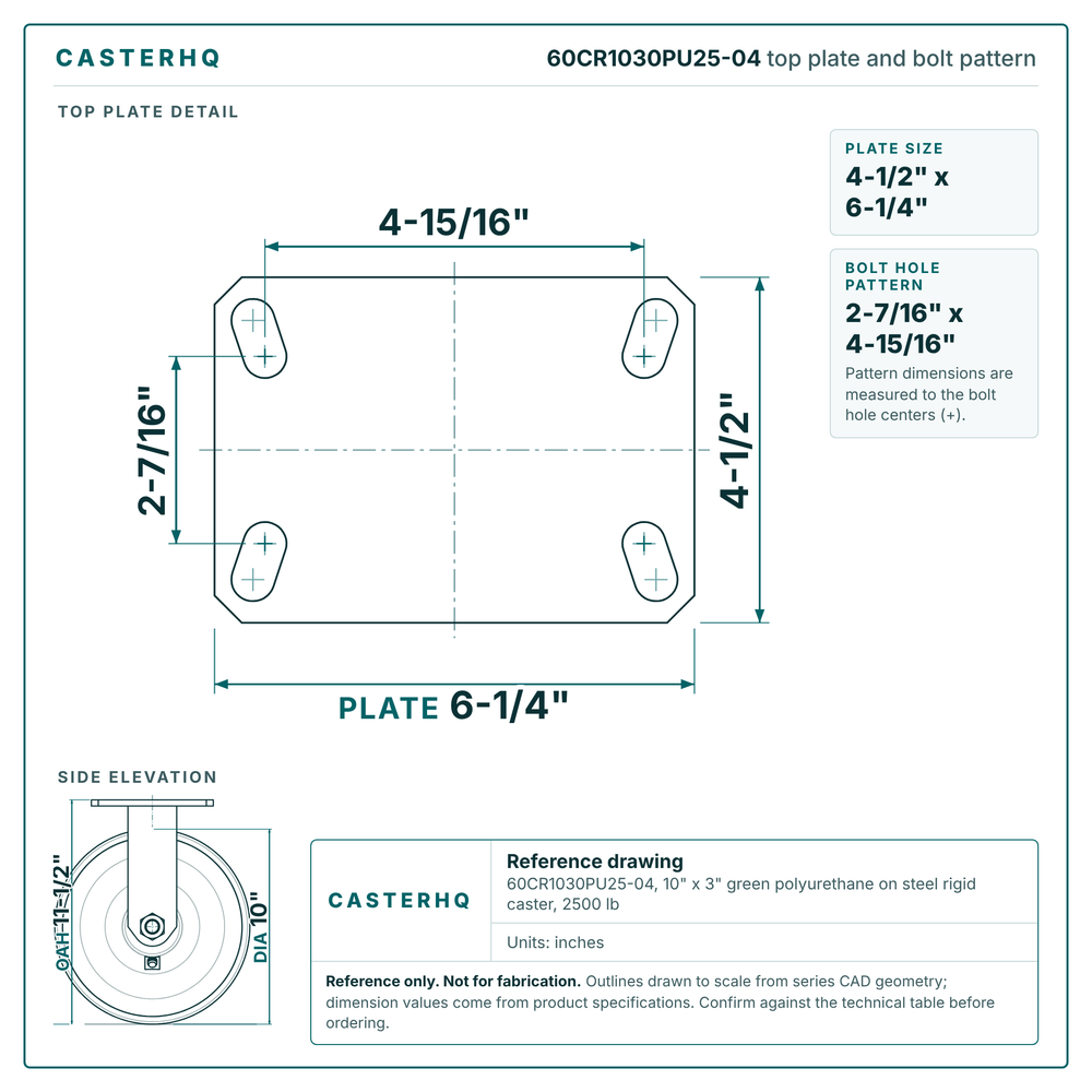60CR1030PU25-04 top plate bolt pattern drawing, 4-1/2 x 6-1/4 in plate, round bolt holes