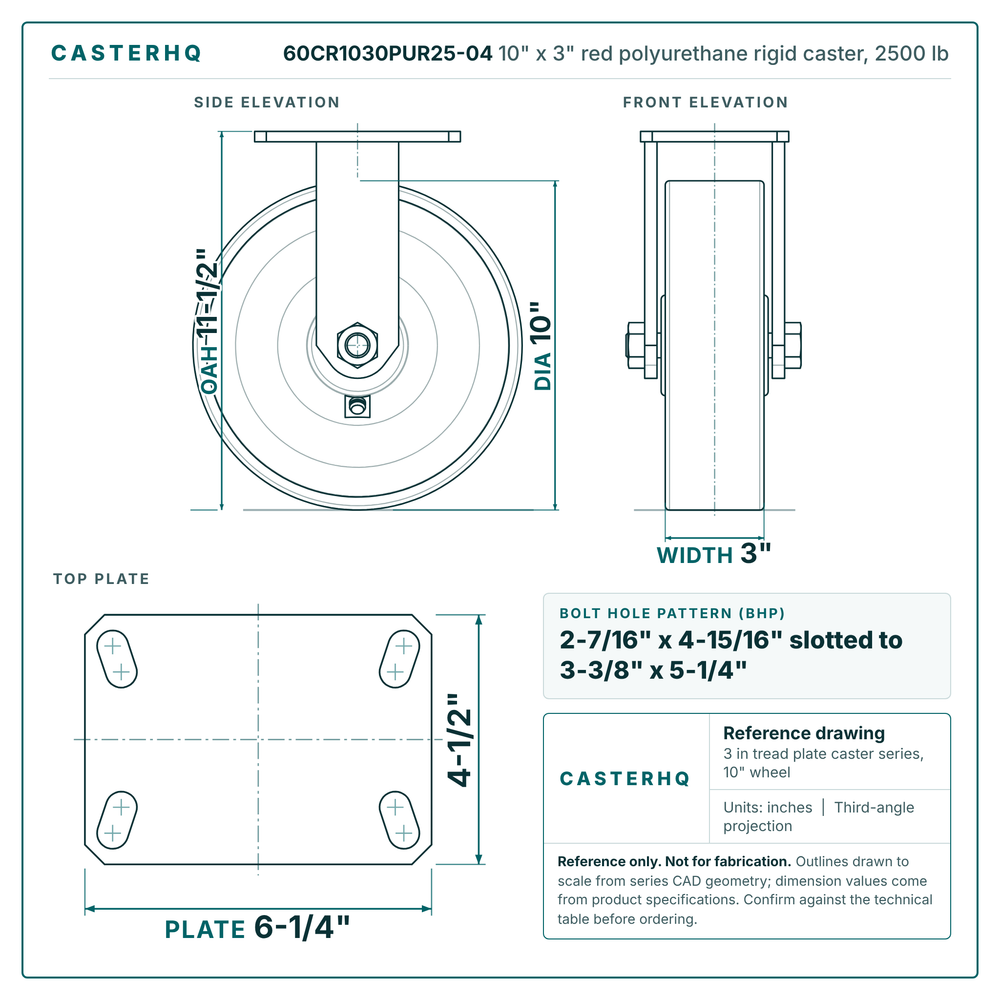 60CR1030PUR25-04 10 x 3 in red polyurethane rigid caster reference drawing, side, front and top plate views with dimensions