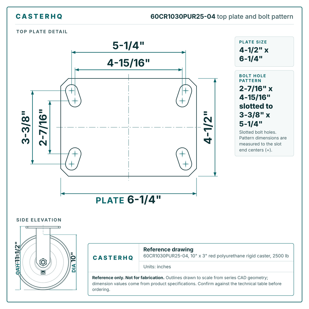 60CR1030PUR25-04 top plate bolt pattern drawing, 4-1/2 x 6-1/4 in plate, slotted bolt holes