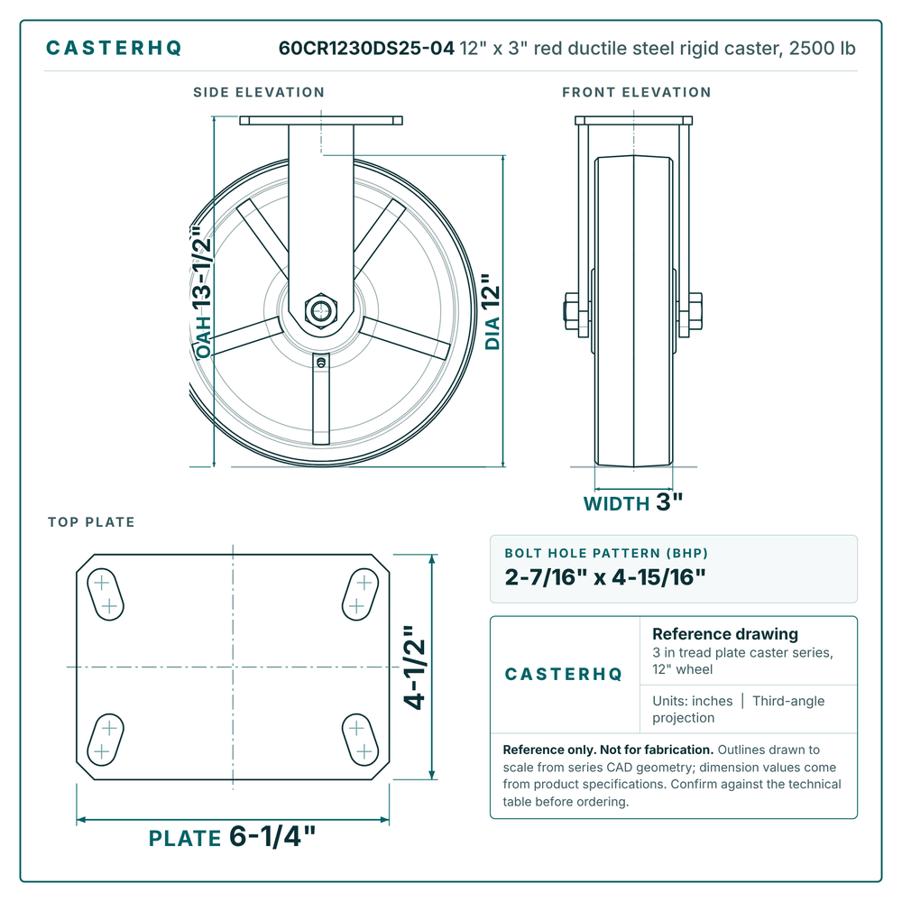 60CR1230DS25-04 12 x 3 in red ductile steel rigid caster reference drawing, side, front and top plate views with dimensions