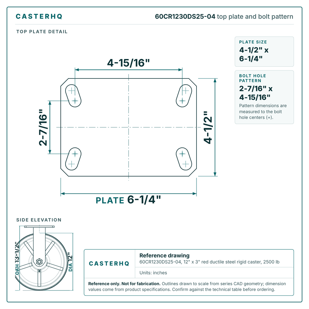 60CR1230DS25-04 top plate bolt pattern drawing, 4-1/2 x 6-1/4 in plate, round bolt holes