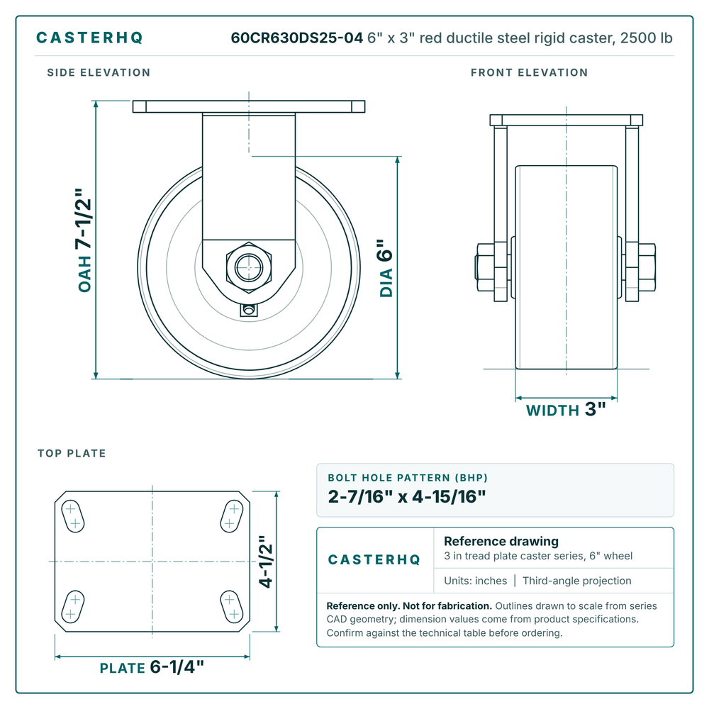 60CR630DS25-04 6 x 3 in red ductile steel rigid caster reference drawing, side, front and top plate views with dimensions